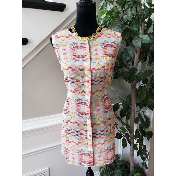 Cabi Avery Multicolor Round Neck Sleeveless Sheer Button Front Tunic Size Medium - Picture 1 of 14